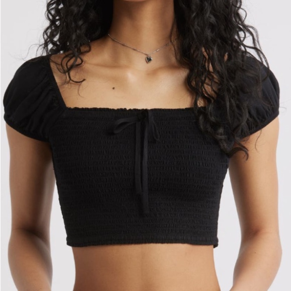 BP. Black Smocked Square Neck Puff Sleeve Crop Top - Sz Small, NWT